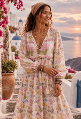 Bohemian Maxi Dress – “Buttercup Reverie” Pastel Floral Long Sleeve Boho Maxi Dress - detail - AI styled model; original photos retained