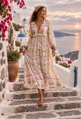 Bohemian Maxi Dress – “Buttercup Reverie” Pastel Floral Long Sleeve Boho Maxi Dress - movement - AI styled model; original photos retained