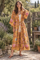 Boho Robe, Kimono Robe, Beach Cover up, Carolina Yellow Jasmine — AI-generated editorial model image