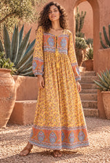 Gown Dress, Boho Maxi Dress, Loose Dress, Bumblebee Yellow Indian Floral — AI-generated editorial model image