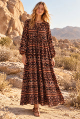 Gown Dress, Boho Maxi Dress, Loose Dress, India Flower Tribal Brown — AI-generated editorial model image
