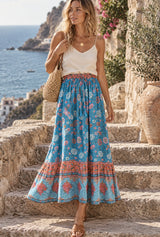 Boho Skirt, Hippie Skirts, Maxi Skirt, Verbena Flower in Red - blue - AI styled model; original product photos retained