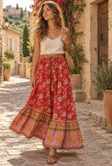 Boho Skirt, Hippie Skirts, Maxi Skirt, Verbena Flower in Red - red - AI styled model; original product photos retained