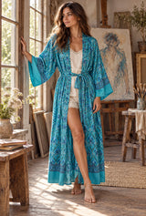 Boho Robe, Kimono Robe, Beach Cover up, Oceane Gem — AI-generated editorial model image