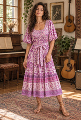 Boho Midi Dress, Sundress, Scilla Elise in Pink and Blue — AI-generated editorial model image