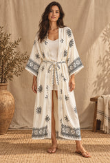 Boho Kimono Robe – “Ivory Echo” Ethnic Embroidered Beach Cover-Up for Women — AI-generated editorial model image