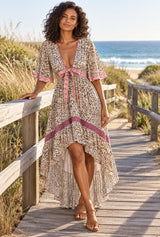Wild Rose Boho AI editorial full-body hero, Savanna Rose, leopard colorway