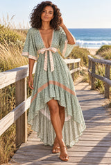 Wild Rose Boho AI editorial full-body hero, Savanna Rose, green colorway
