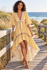 Wild Rose Boho AI editorial full-body hero, Savanna Rose, yellow colorway