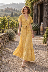 Wild Rose Boho AI editorial movement, Bohemian Maxi Dress – “Honey Solstice” Yellow Sunflower V-Neck Tie-Waist Boho Dress, yellow colorway
