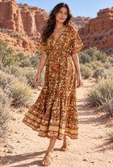 Wild Rose Boho AI editorial movement, Bohemian Maxi Dress – “Amber Wildflower” Brown Floral Button-Front Tassel-Tie Boho Dress, brown colorway