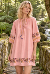 Wild Rose Boho AI editorial detail, Boho Mini Dress – “Blush Botanica” Pink Floral Embroidered Tassel-Tie Dress, pink colorway