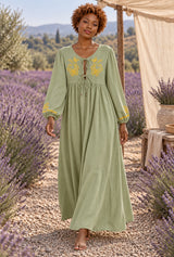 Wild Rose Boho AI editorial full-body hero, Bohemian Maxi Dress – “Botanical Muse” Butterfly Embroidered Long Sleeve Tie-Neck Dress, green colorway