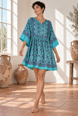 Wild Rose Boho AI editorial movement, Boho Mini Dress – “Turquoise Reverie” Paisley Batwing Sleeve Loose Dress, green colorway