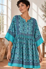 Wild Rose Boho AI editorial detail, Boho Mini Dress – “Turquoise Reverie” Paisley Batwing Sleeve Loose Dress, green colorway