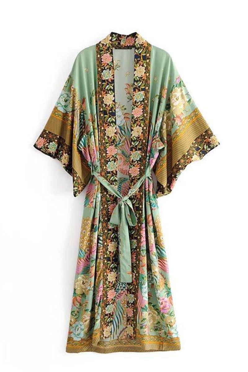 Boho Robe, Kimono Robe, Beach Cover Up, Peacock In Gold Green, Kahaki / S Boho Robe, Kimono Robe, Beach Cover Up, Peacock In Gold Green, Kahaki / S