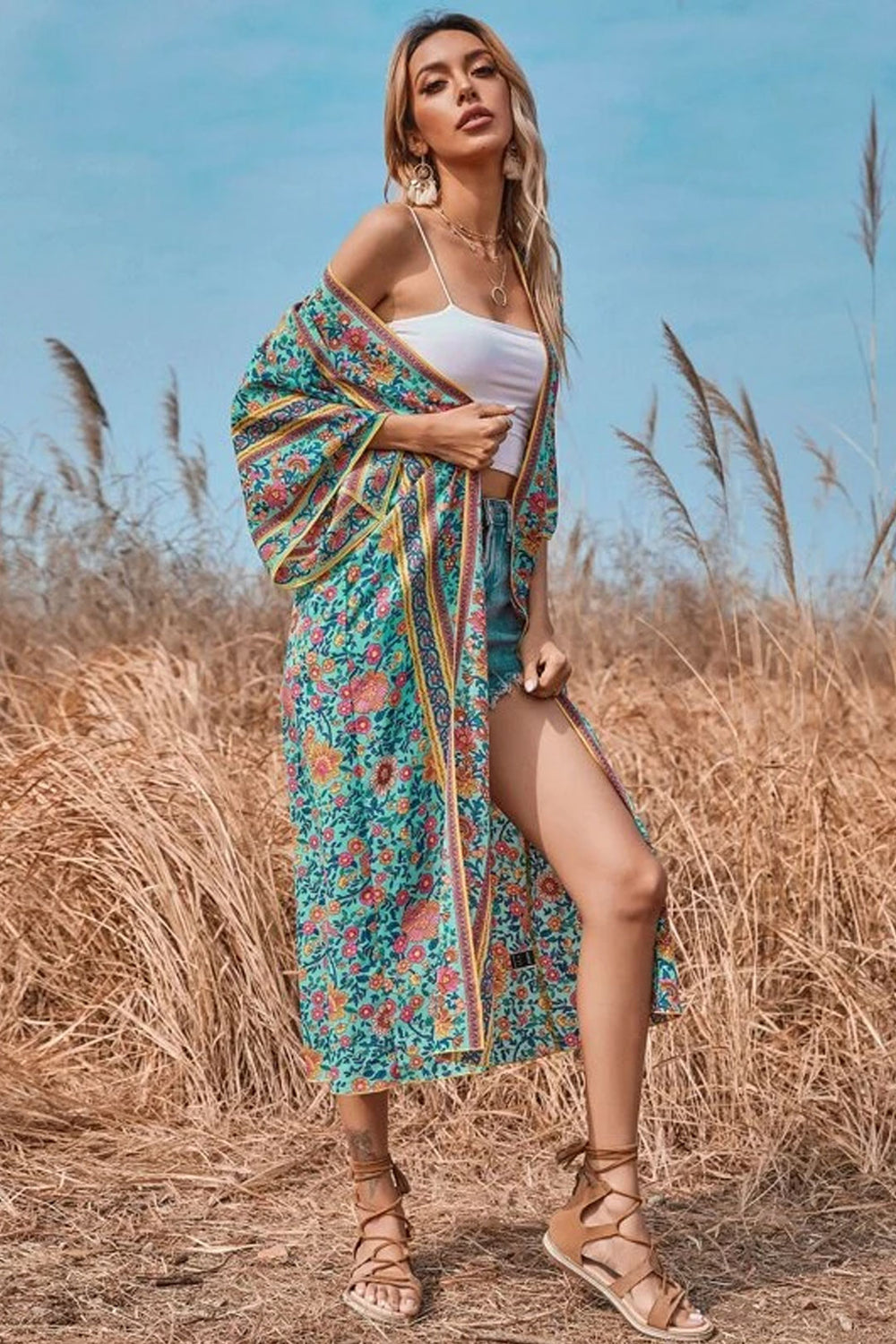 boho kimono dress Robe, Robe, Beach Cover up, Flower in Blue, green / S US Size:US 2 3 weeks. Alice's Blue Dress - party_wear_dresses