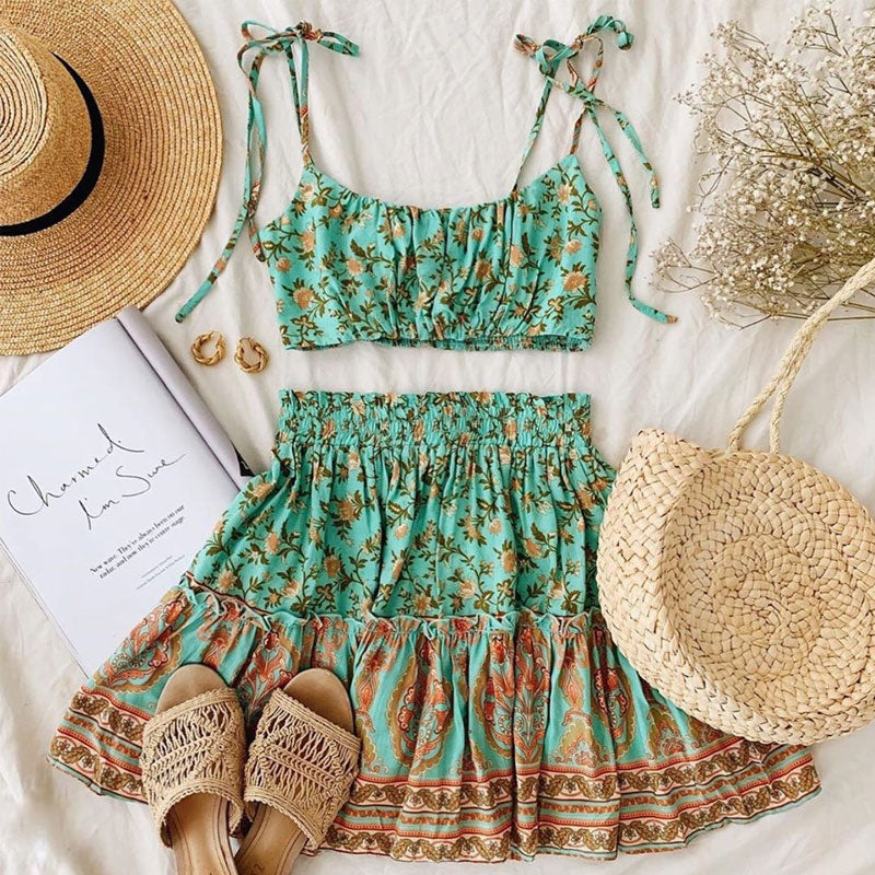 Boho Two Piece Set, Two Piece Skirt Set, Wild Floral in Mint Green