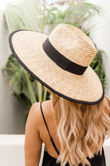 Boho Hat, Sun Hat, Beach Hat, Wide Brim Straw Hat, Beige and Black Ribbon - Wild Rose Boho