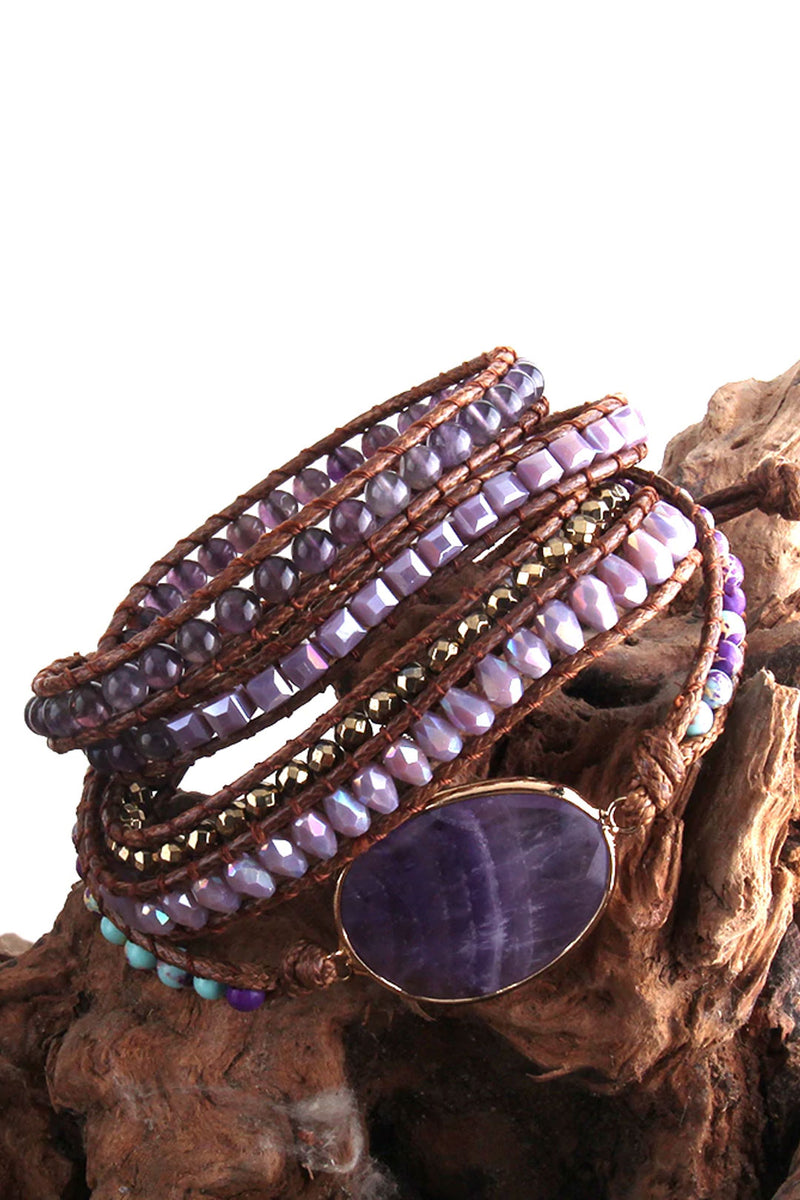 Boho Bracelet, RH 5 Layers Leather Wrap Bracelet, Natural Stones, Green, Rose, Purple - Wild Rose Boho