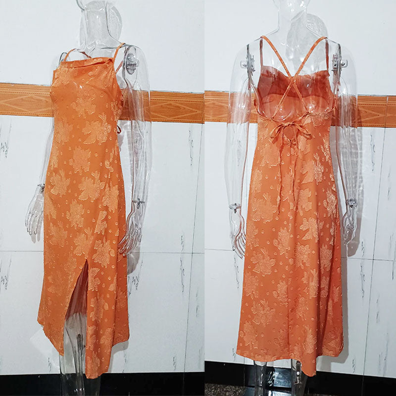 Midi Dress, Boho Dress, Strappy, Paula in Orange Flower - Wild Rose Boho