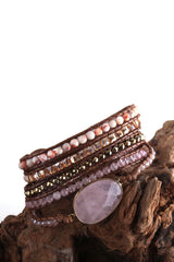Boho Bracelet, RH 5 Layers Leather Wrap Bracelet, Crystal and Natural Stones, Blue, Rose, Purple - Wild Rose Boho