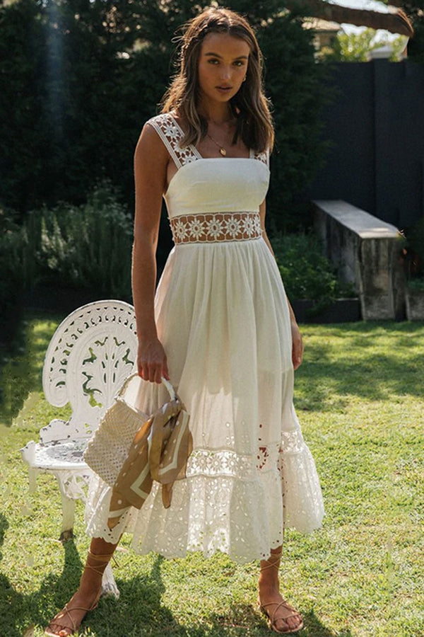 Midi Dress, Boho Dress, Strappy, Giselle in White Lace - Wild Rose Boho