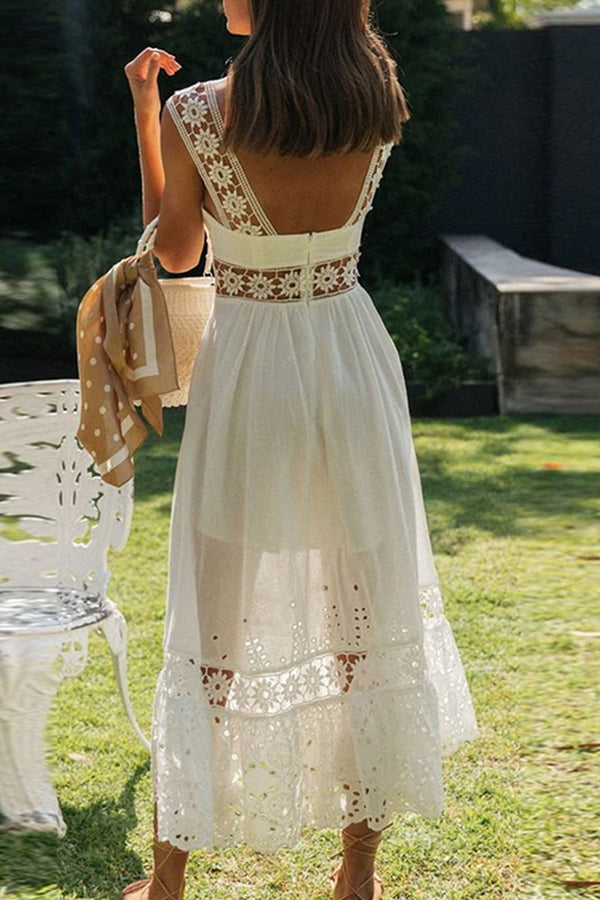 Midi Dress, Boho Dress, Strappy, Giselle in White Lace - Wild Rose Boho