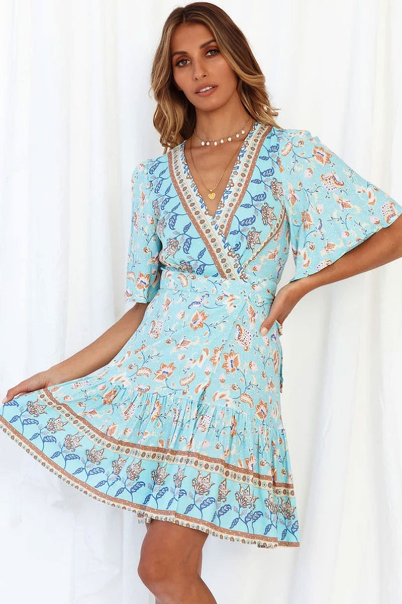 Boho Mini Dress Sundress, Vacation in River Blue, blue / S Boho Mini Dress Sundress, Vacation in River Blue, blue / S