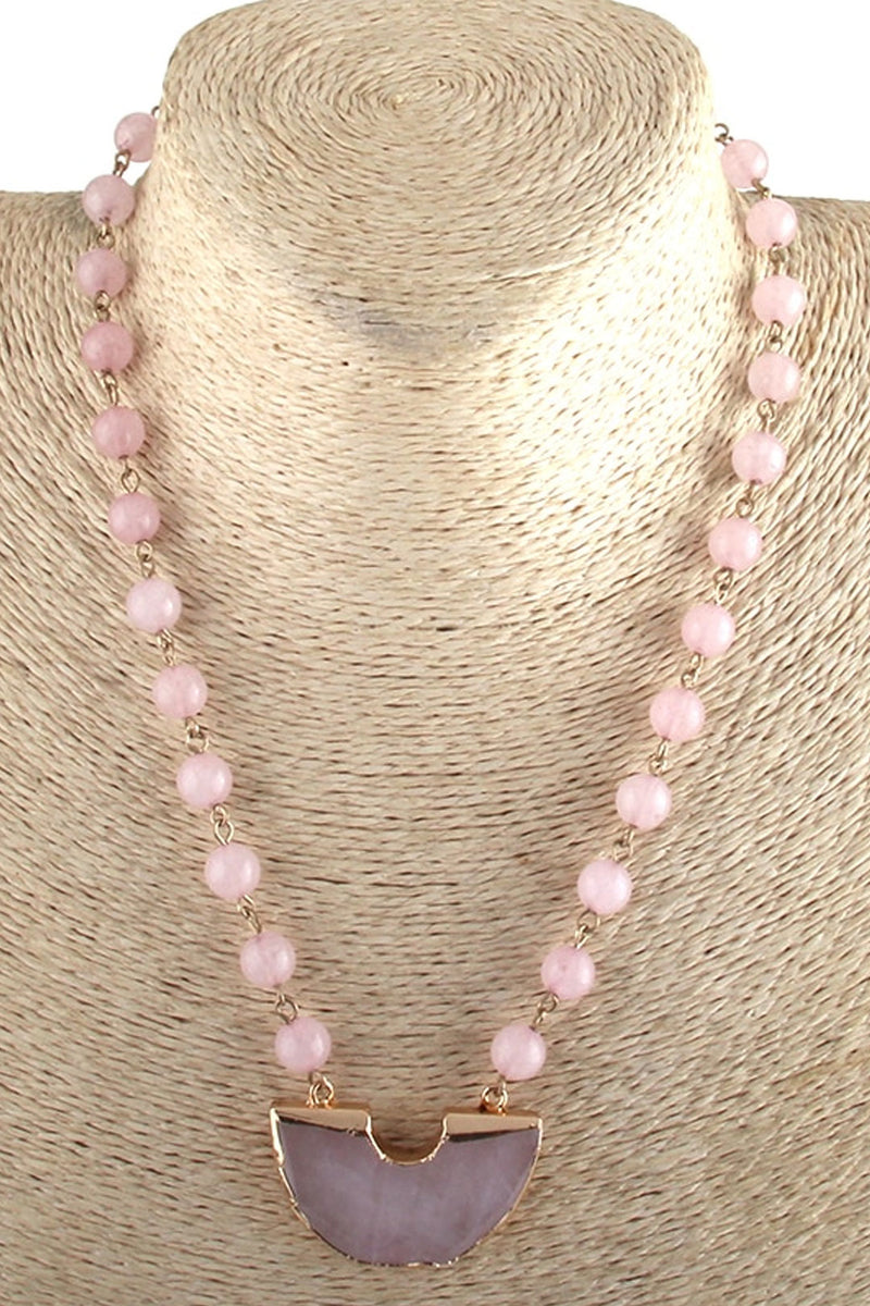 Boho Necklace, RH Rose Quart Amazonite, Half Moon Pink Natural Stone - Wild Rose Boho