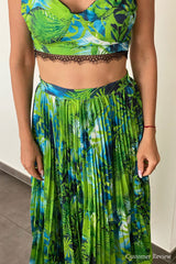 Boho Vintage 2 Piece Set, Matching Crop Top and Maxi Pleated Skirt, Silvia in Green, Blue and Red - Wild Rose Boho