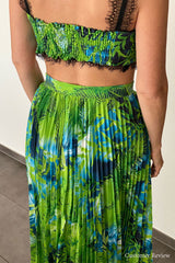 Boho Vintage 2 Piece Set, Matching Crop Top and Maxi Pleated Skirt, Silvia in Green, Blue and Red - Wild Rose Boho