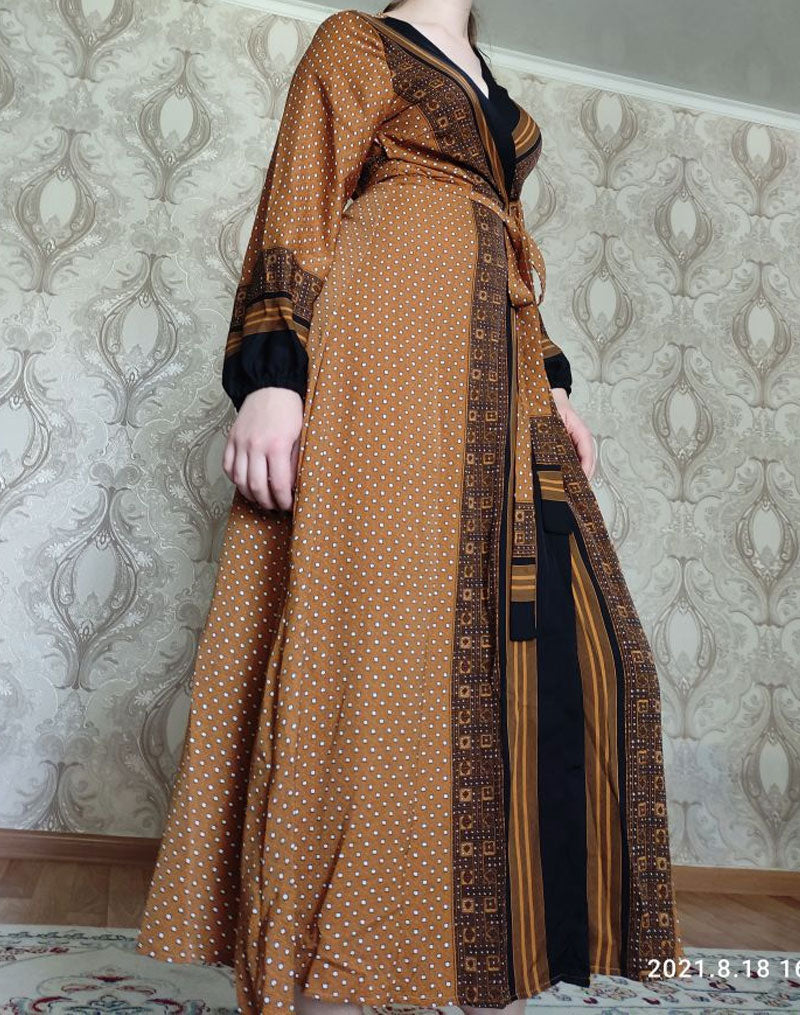 Vintage Dress, Boho Maxi Dress, Gown, India Dot in Brick, Brown and Gray