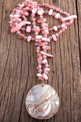 Boho Necklace, RH Pink Rose Crystal Shell - Wild Rose Boho