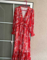 Boho Midi Dress, Ruffle Floral Lillian Red