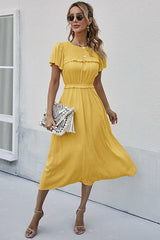 Boho Midi Dress, Ruffle Grace in Yellow