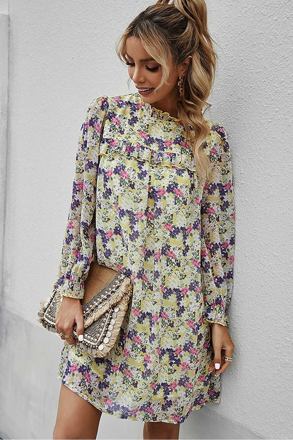 Boho Mini Dress Tunic Dress, Willow Floral in Yellow