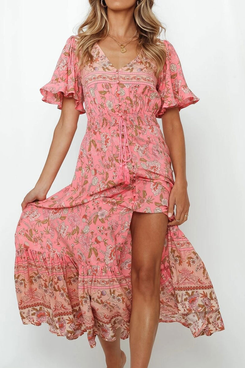 Boho Midi Dress, Sundress, Pink Camelia Pink / L
