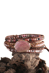 Boho Bracelet, RH 5 Layers Leather Wrap Bracelet, Pink Rose quartz - Wild Rose Boho