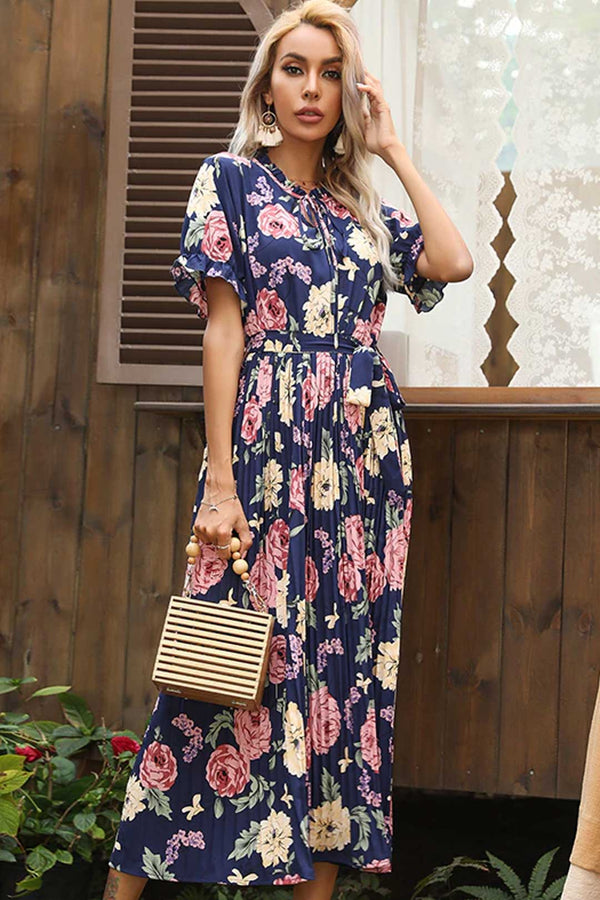 Boho Midi Dress, Pleted Dress Maisie in Navy