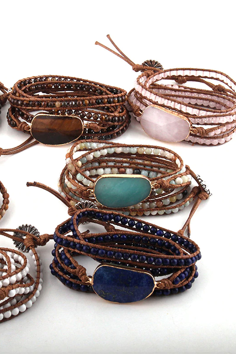 Boho Bracelet, RH 5 Layers Leather Wrap Bracelet, Natural Stones, Blue, White, Brown - Wild Rose Boho