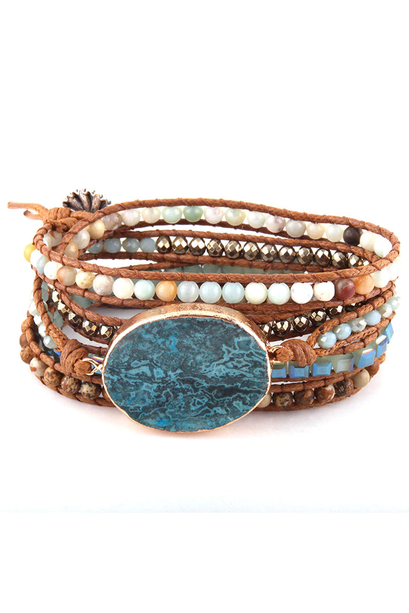 Boho Bracelet, RH 5 Layers Leather Wrap Bracelet, Natural Stones, Blue Ocean - Wild Rose Boho