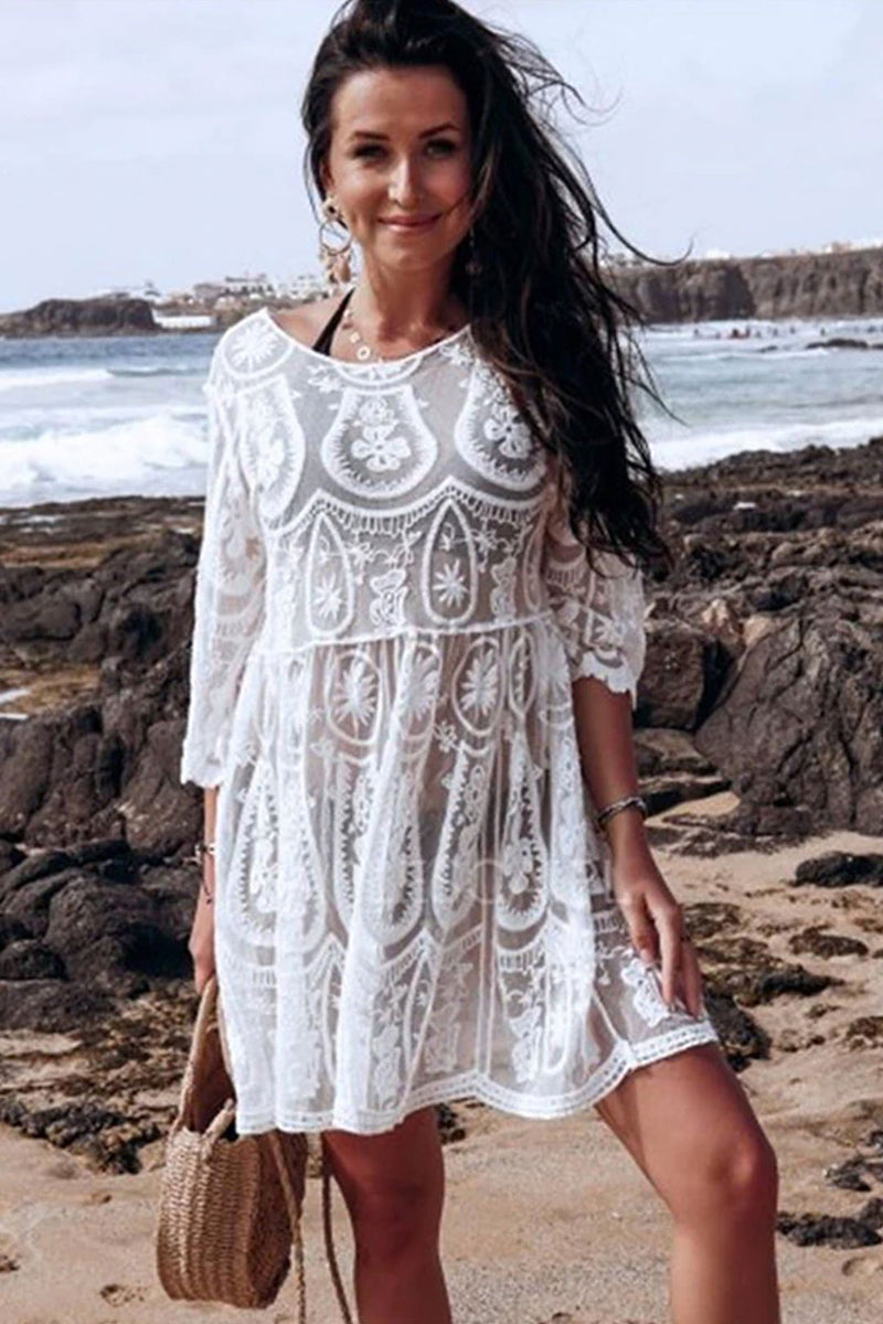 Mini Dress, Beach Dress, Cover Up, White Lace Maya - Wild Rose Boho