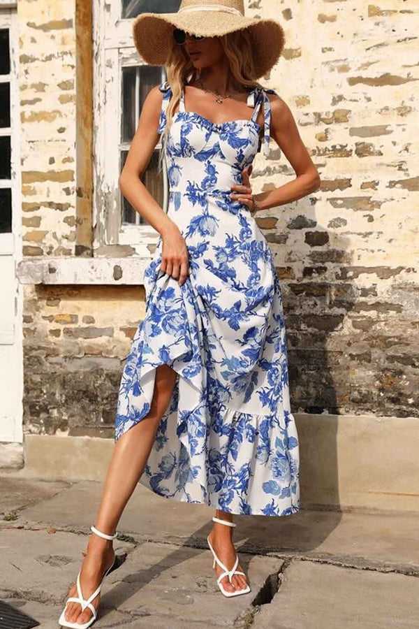 Boho Midi Dress, Strappy Sundress, Blue Rose