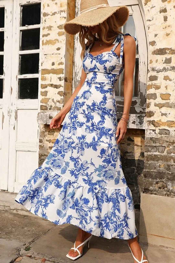 Boho Midi Dress, Strappy Sundress, Blue Rose