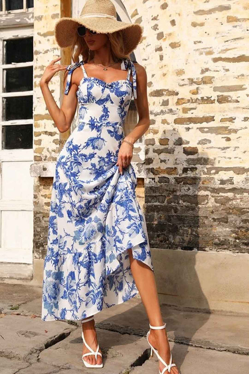 Boho Midi Dress, Strappy Sundress, Blue Rose