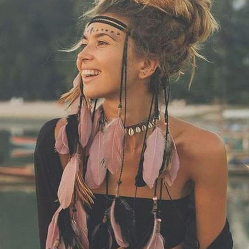 Boho Feather Headband, Gypsy Soul - Wild Rose Boho