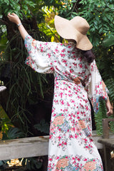 Boho Robe, Kimono Robe, White Floral - Wild Rose Boho