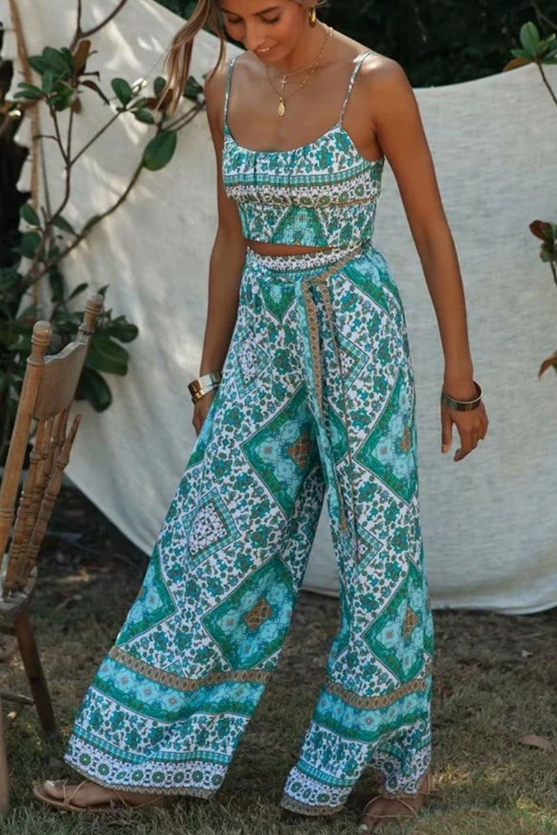 TWO PIECE OUTFIT SET TROPICAL PALAZZO TROUSERS AND TOP – rockthosecurves