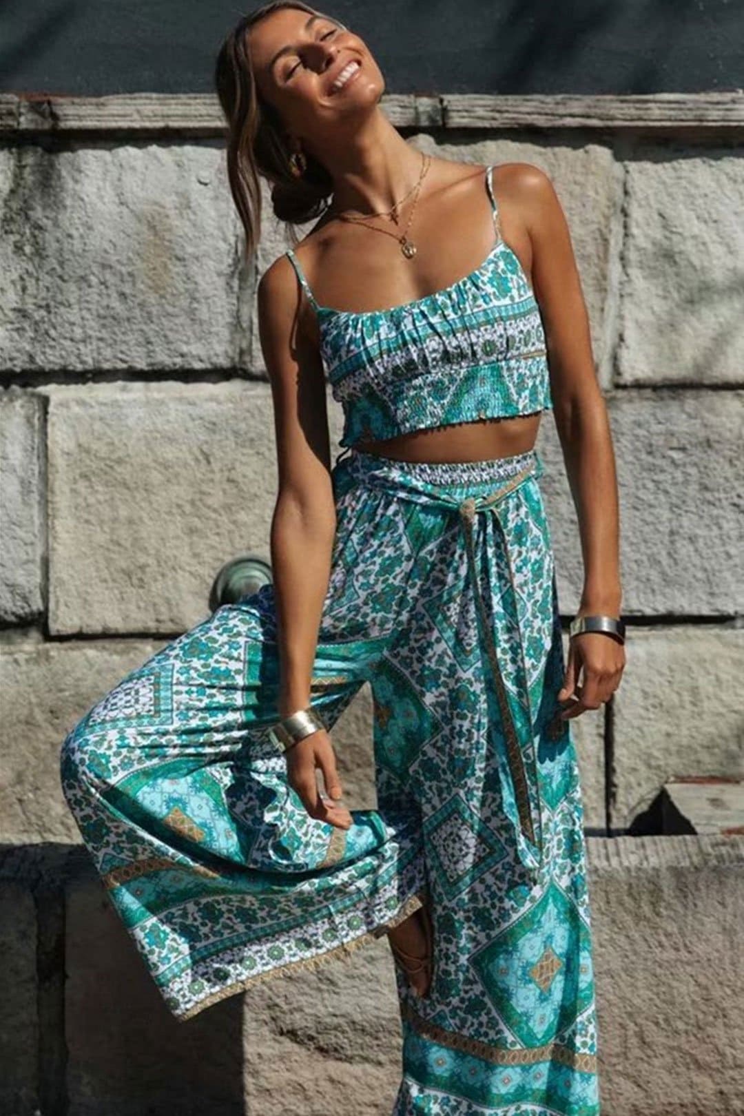 Boho Floral Two Piece Pant Set  In Red Pappy